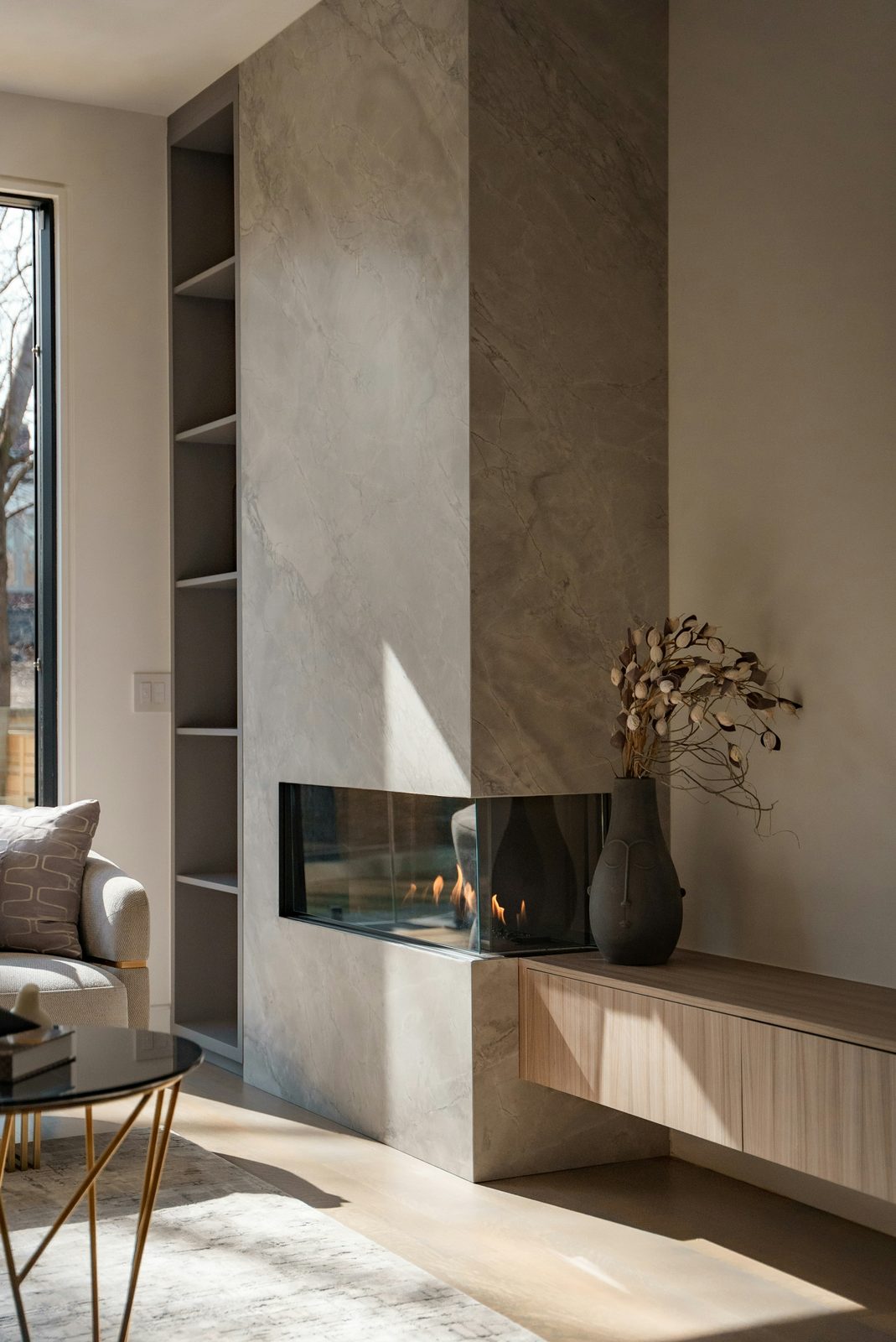 Modern linear gas fireplace installed in a contemporary Nanaimo living room